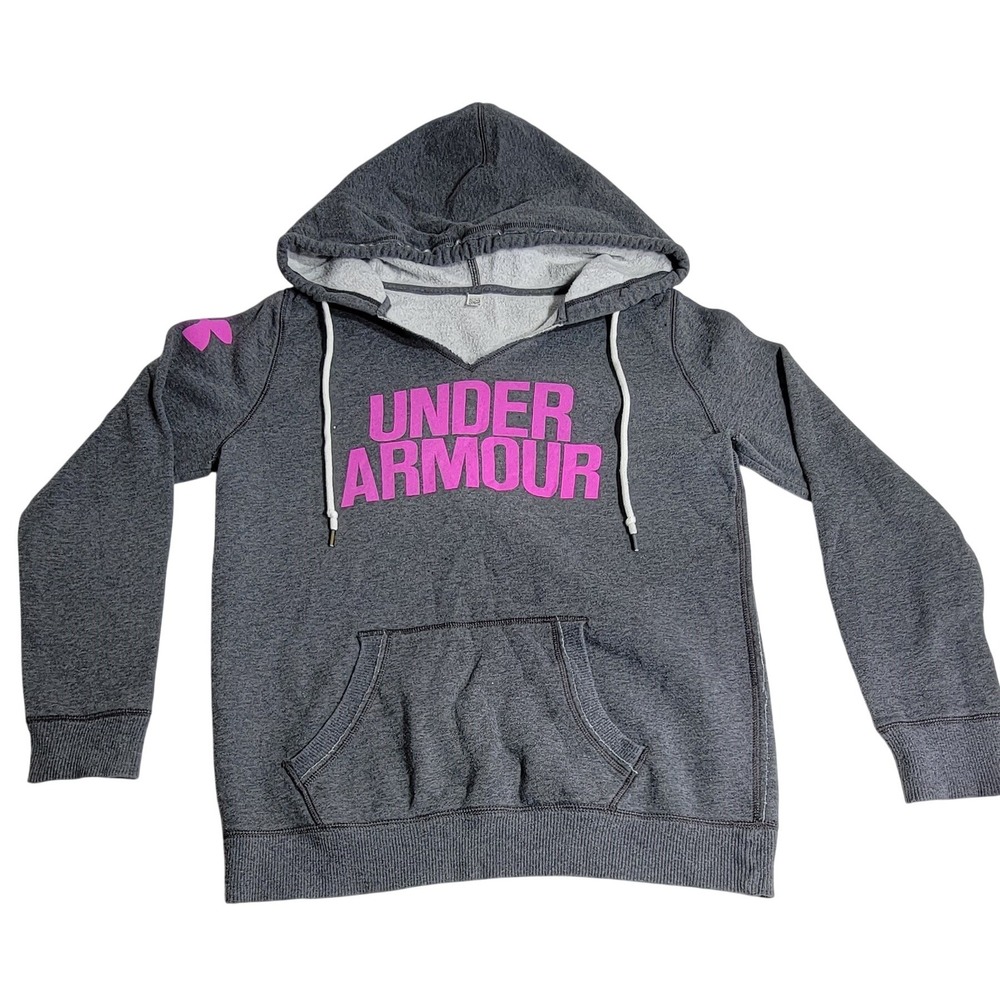 Under Armour Womens Pullover Hoodie Charcoal Gray Pink Logo V-Neck Fleece Medium
